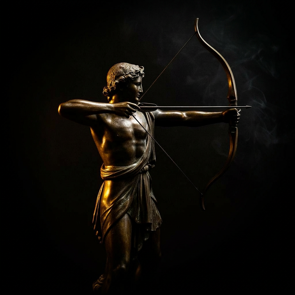 A single bronze arrow at rest on dark stone, smoke drifting overhead.